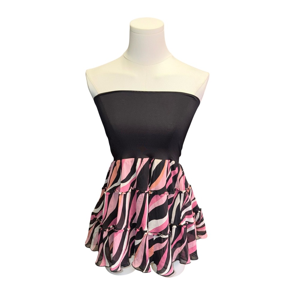 Vintage Bebe Silk Tiered Ruffle Tube Top Black Pink Abstract Swirl Y2K Small